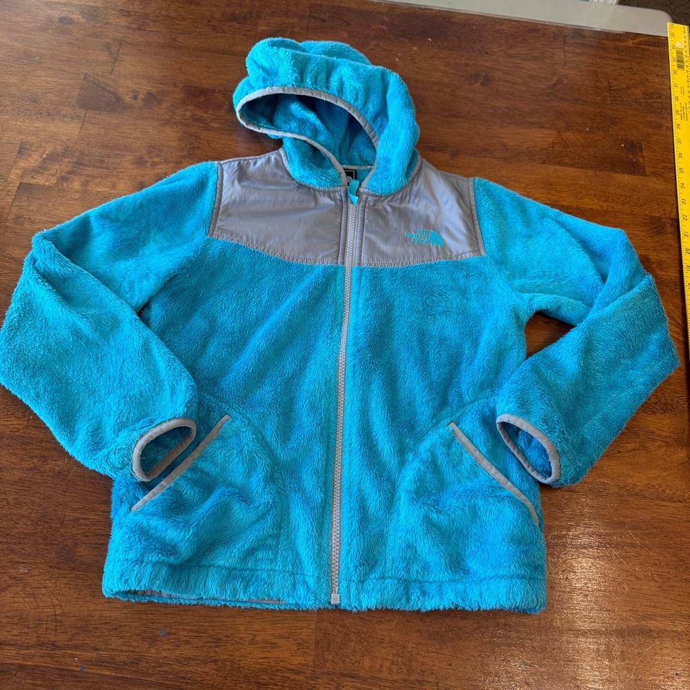The North Face Girls M 10/12 Oso Hooded Fleece Jacket Aqua Blue Gray Full Zip